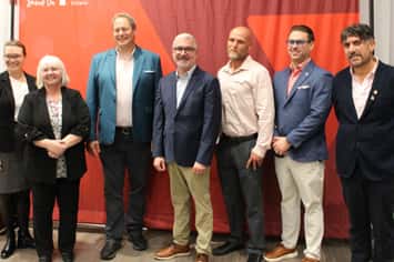 From left, Gillian Heisz of the University of Windsor, Jacquie Rumiel of the YMCA of Southwestern Ontario, Dr. J.J. McMurtry, President and Vice-Chancellor at the University of Windsor, YMCA of Southwestern Ontario CEO Andrew Lockie, Andy Sullivan of the YMCA of Southwestern Ontario, Charlie Simpkins of the University of Windsor, and Windsor Ward 3 Councillor Renaldo Agostino, at the opening of the new YMCA Learning and Career Centre in Windsor, November 3, 2025. Photo provided by YMCA of Southwestern Ontario.