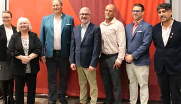 From left, Gillian Heisz of the University of Windsor, Jacquie Rumiel of the YMCA of Southwestern Ontario, Dr. J.J. McMurtry, President and Vice-Chancellor at the University of Windsor, YMCA of Southwestern Ontario CEO Andrew Lockie, Andy Sullivan of the YMCA of Southwestern Ontario, Charlie Simpkins of the University of Windsor, and Windsor Ward 3 Councillor Renaldo Agostino, at the opening of the new YMCA Learning and Career Centre in Windsor, November 3, 2025. Photo provided by YMCA of Southwestern Ontario.