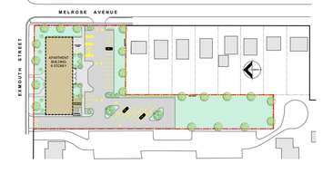 Proposed site plan for affordable housing project in Sarnia at Exmouth Street and Melrose Avenue. Image included in Sarnia City Council agenda for October 20, 2025.