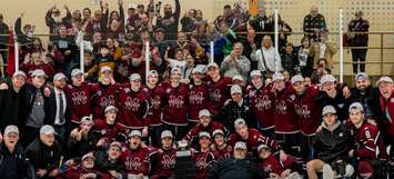 The Chatham Maroons celebrate after winning the GOJHL's Western Conference Final. (Photo via the Greater Ontario Junior Hockey League on Facebook / Josh Mailloux Photography)