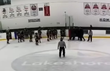 A minor hockey team looks on as coaches from both teams appear to fight near the home bench of a rink at the Atlas Tube Recreation Centre in Lakeshore, November 16, 2025. Screenshot courtesy LiveBarn.com.