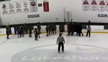 A minor hockey team looks on as coaches from both teams appear to fight near the home bench of a rink at the Atlas Tube Recreation Centre in Lakeshore, November 16, 2025. Screenshot courtesy LiveBarn.com.